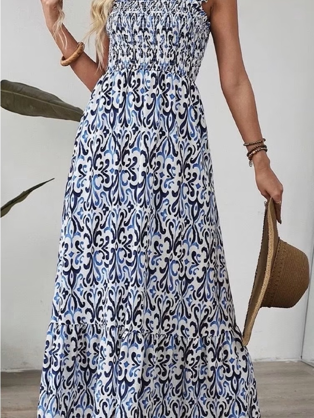 Blue Patterned Smocked Maxi Dress